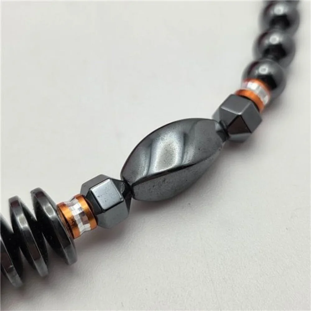 Vintage Hematite Bead Necklace 19 In Gold Tone Barrel Clasp Geometric Statement